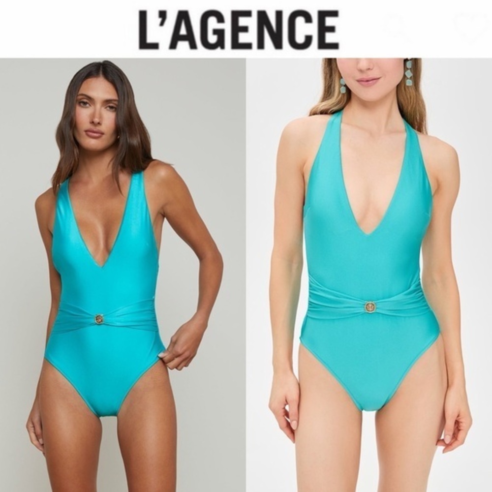 L’AGENCE Lisa Plunge One-Piece Blue Teal Aqua Swimsuit M $235 NWT